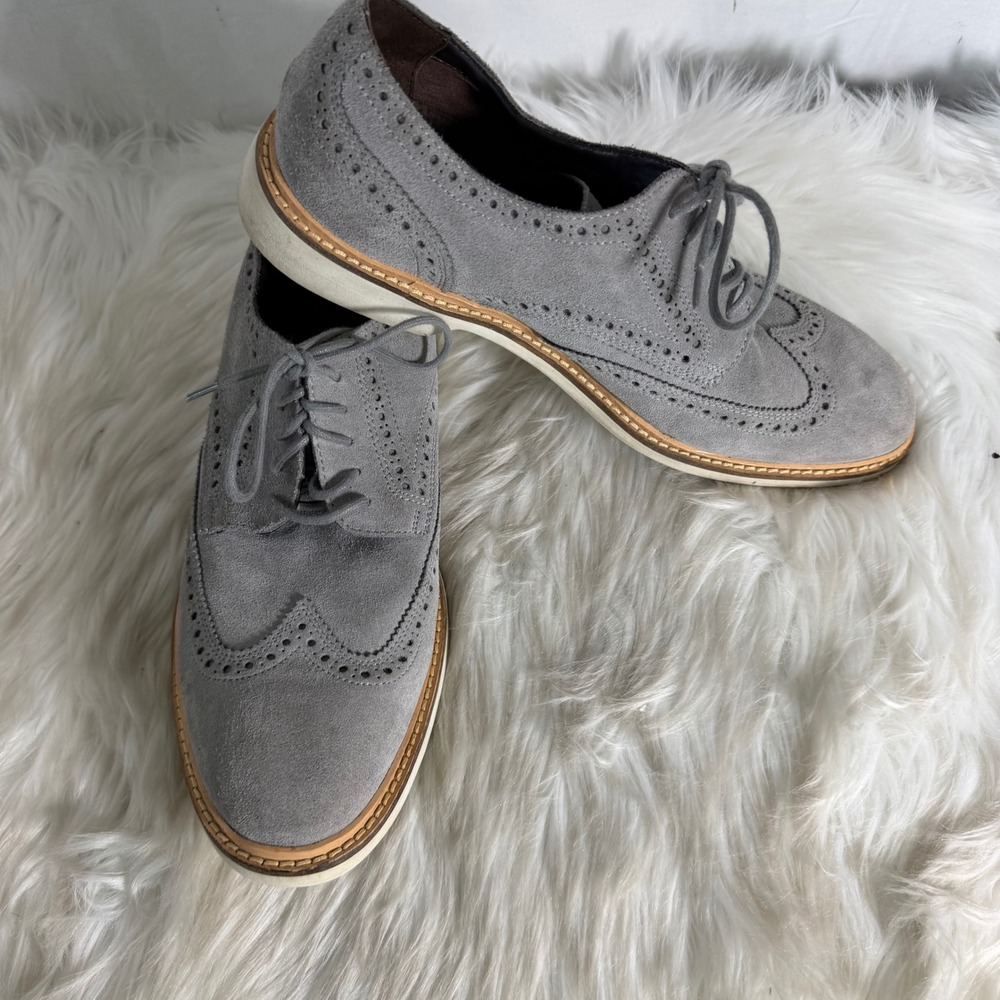 Cole Haan Mens Grey Suede Wingtip Oxford Brogue Dress Shoes